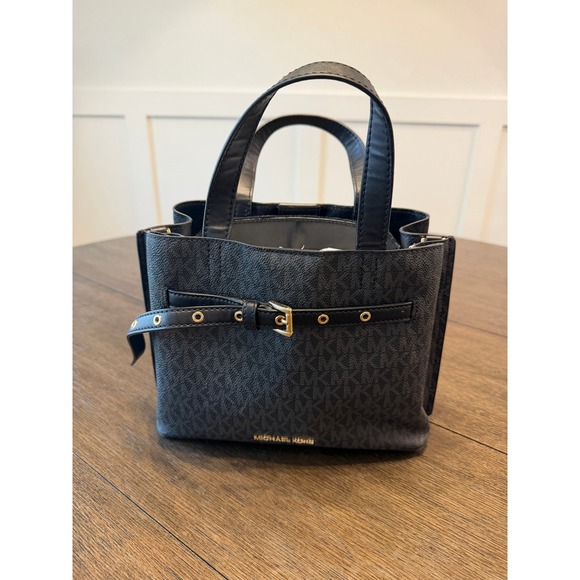 Michael Kors Signature Monogram Tote Bag Black Gold Buckle - Picture 2 of 7